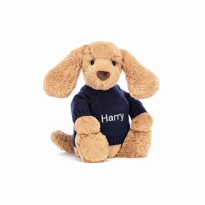 Jellycat Bashful Toffee Cachorro with Navy Jumper | GLMD-82364